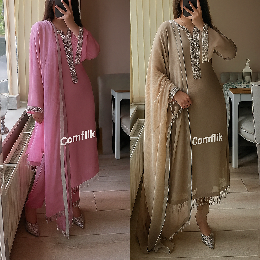 Comflik Desirable fancy faux georgette real pearl hand work top and pant with dupatta Suit Set