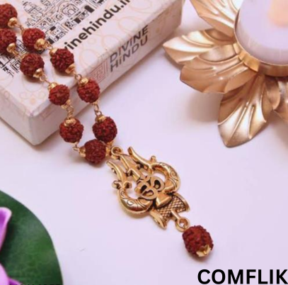 Comflik Gold Plated Shiva Trishool Rudraksha Necklace